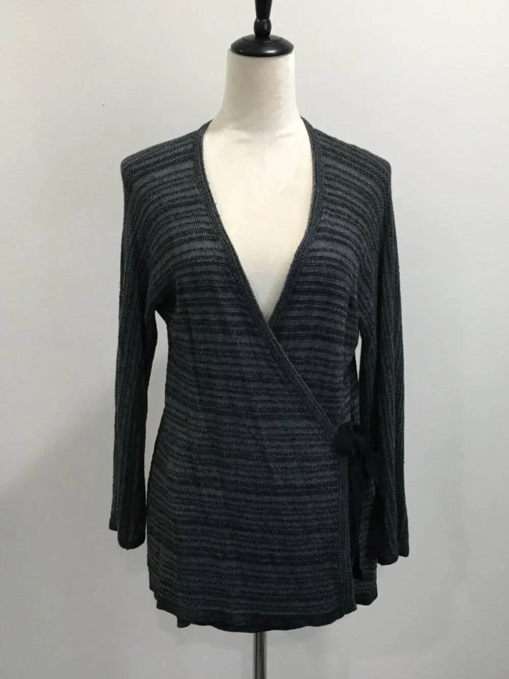 EILEEN FISHER Black Gray Merino Wool Blend Knit Belted Wrap Cardigan